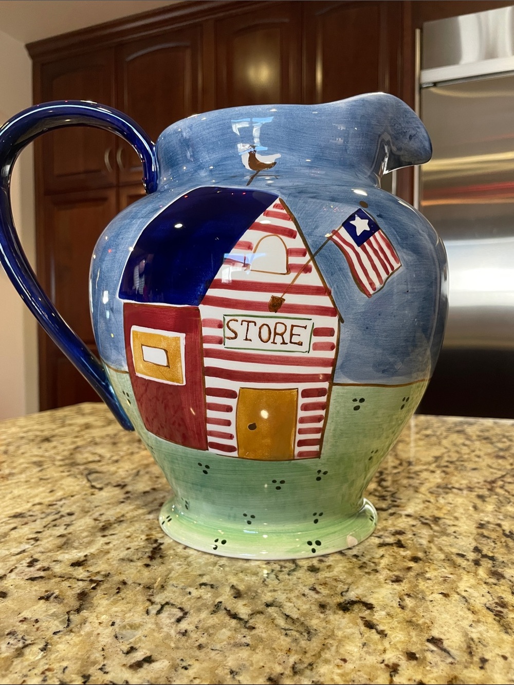 Hand-Painted Patriotic Ceramic Pitcher with Red Storehouse Motif